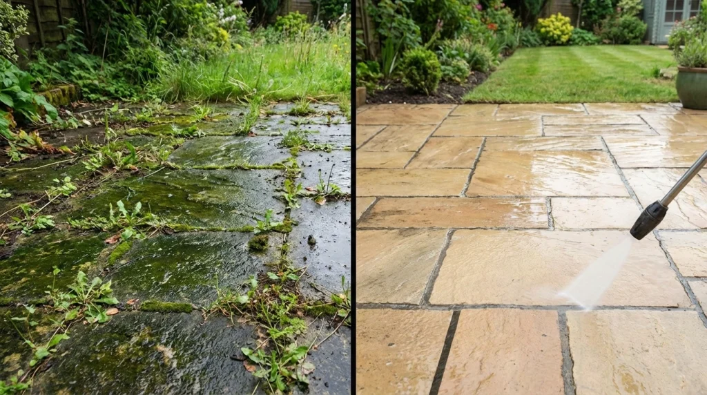 A split screen image showing a dirty, mossy stone walkway on the left and a clean, bright, power-washed stone walkway on the right.