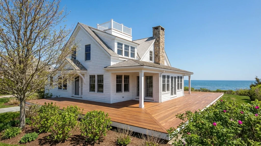 A beautiful coastal home on Martha's Vineyard with clean white siding and a pristine deck, surrounded by early spring greenery and clear blue skies.