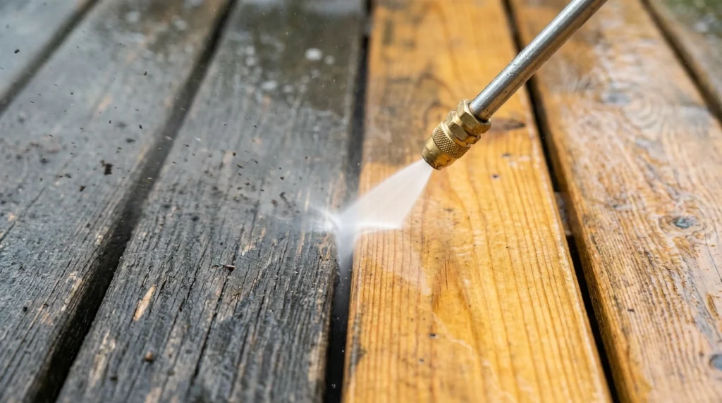 A close up shot of a professional power washing nozzle cleaning a weathered wooden deck, showing a clear line between the dirty wood and the bright, clean wood.