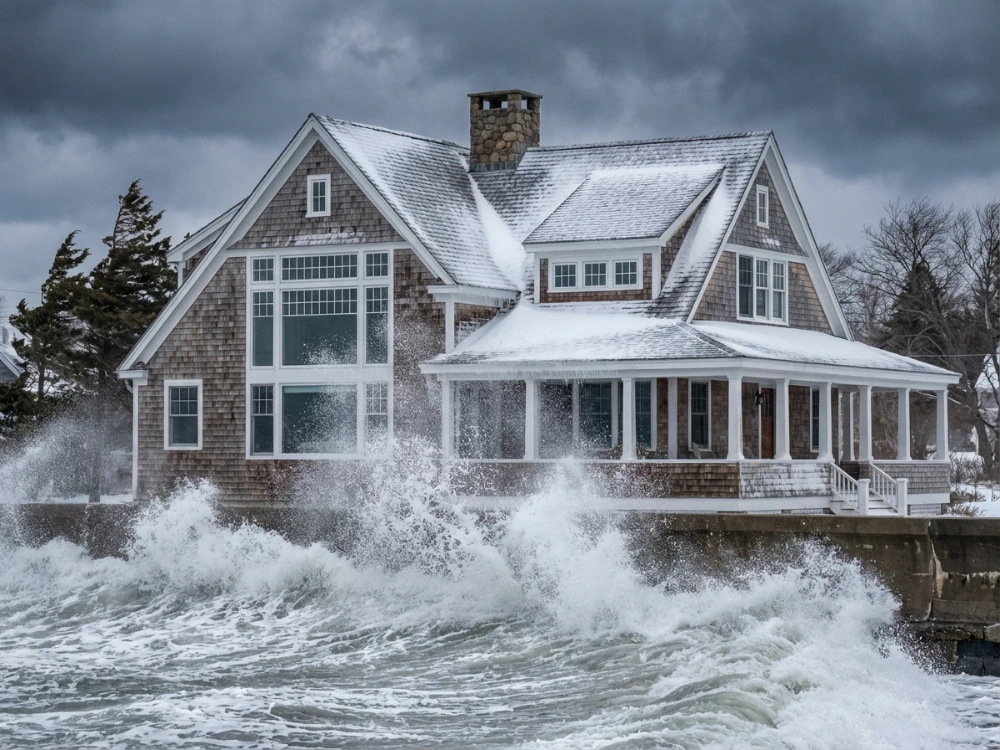 A beautiful coastal home during a winter storm with sea spray hitting the exterior siding and windows.