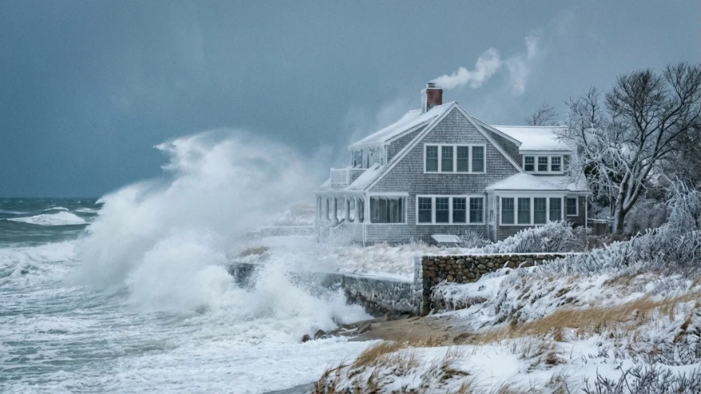 A beautiful coastal home on Martha's Vineyard during a cold winter day, with sea spray misting in the air and visible frost on the cedar siding.