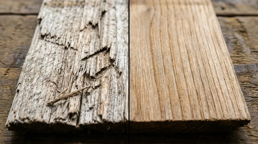 A close-up side-by-side comparison of a weathered wood shingle. One side shows damage from high pressure, the other side shows a clean, intact surface after a soft wash.