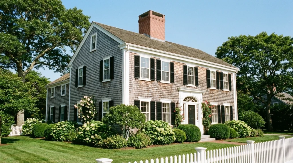 A beautiful, well-maintained historic colonial home with cedar shingles and white trim, surrounded by lush green landscaping under a clear blue sky.