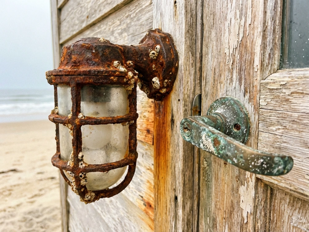 Close up of a rusted outdoor light fixture and pitted metal door handle on a beach house.