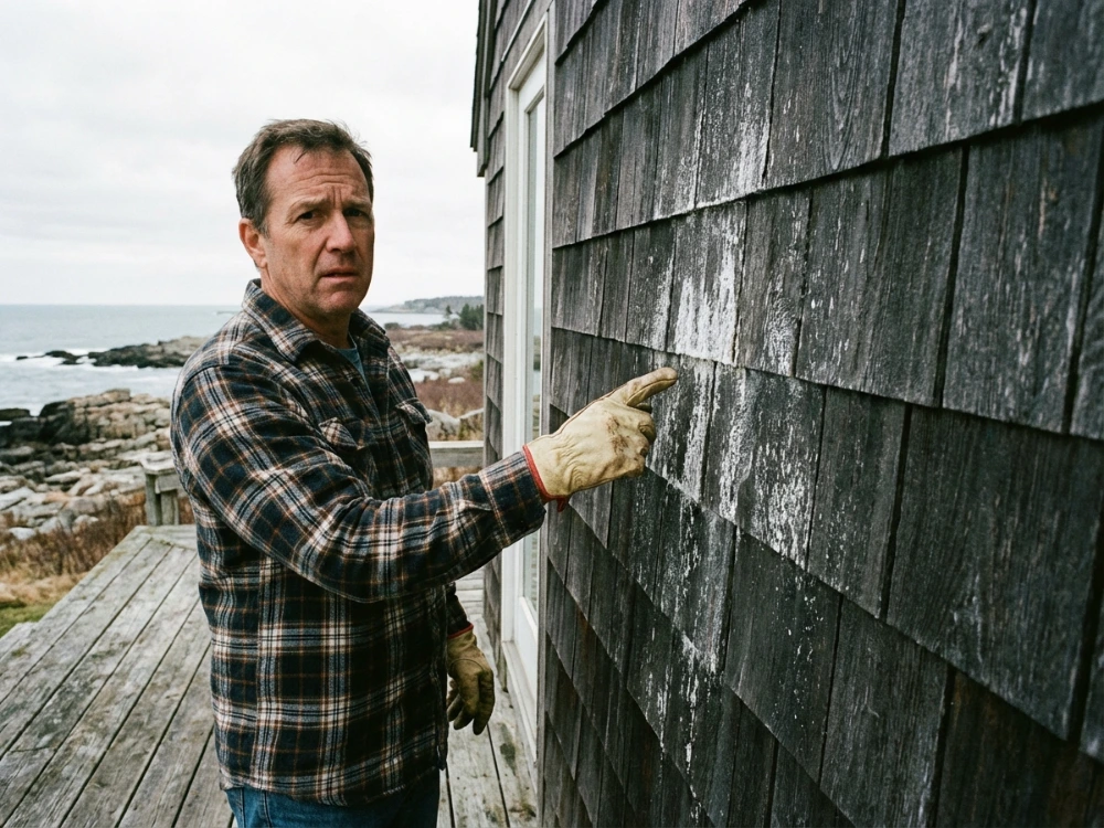 A homeowner pointing at white salt residue on dark grey cedar shingles.