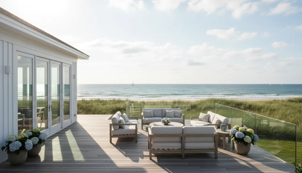 A stunning, sun-drenched coastal vacation home with a pristine white exterior, sparkling windows, and a clean wooden deck overlooking the ocean. Location is Martha's Vineyard Island