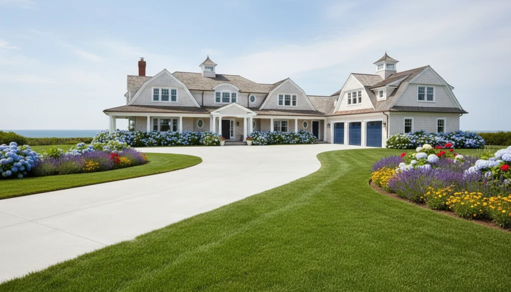 A wide shot of a beautiful Martha's Vineyard home with a perfectly clean, light-grey concrete driveway, surrounded by green grass and colorful flower beds