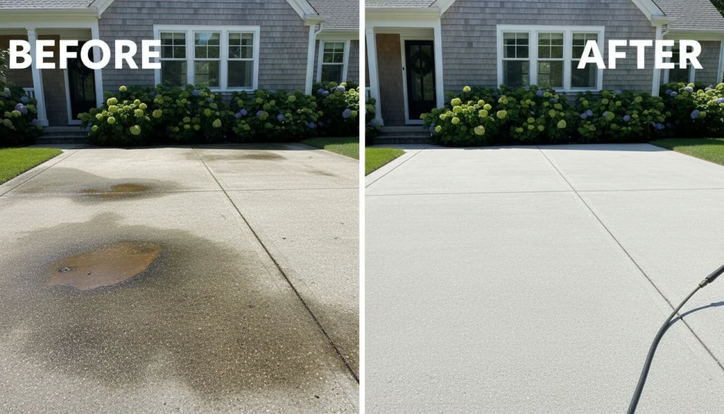 A high-contrast before and after shot of a concrete driveway. The left side is covered in dark algae and oil stains, while the right side is bright, clean, and pristine. A modern suburban home is visible in the background
