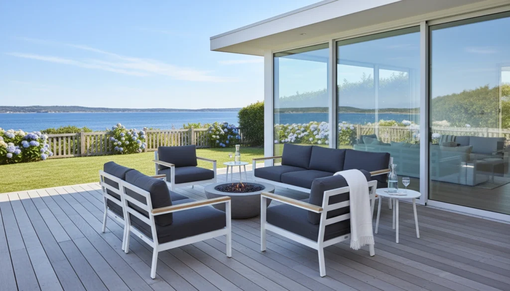 A clean, modern outdoor patio area with spotless furniture, a bright deck, and clear windows, ready for a guest arrival.