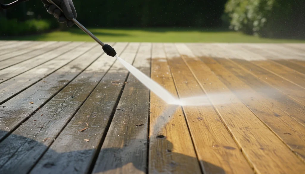 A close-up of a power washing wand cleaning a wooden deck, showing a clear line between the weathered grey wood and the restored bright timber.