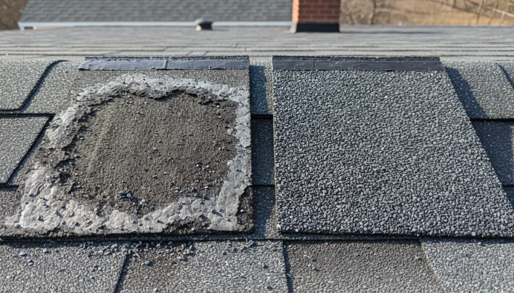 A comparison photo showing a damaged roof shingle with missing granules after scraping versus a healthy shingle.