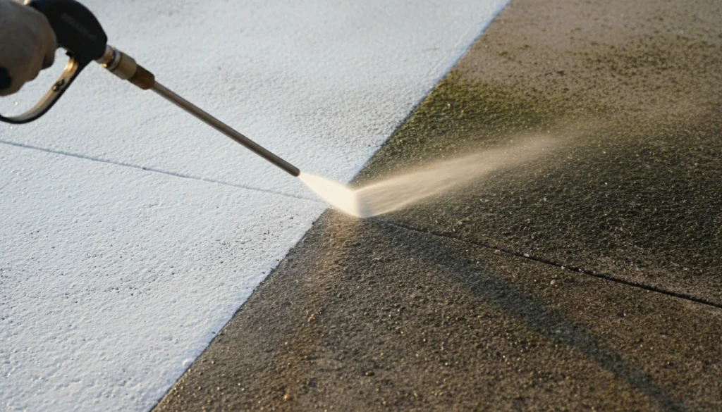 A close-up photo of a pressure washing wand cleaning a concrete surface, showing a clear line where the dirt is being stripped away to reveal bright white concrete