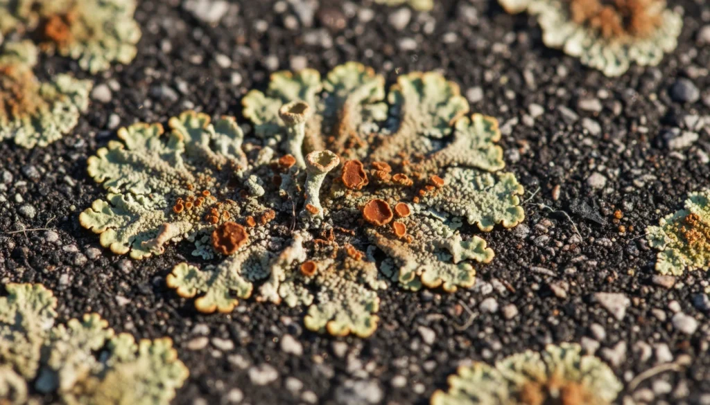 A macro close-up photograph of lichen growing on a dark grey asphalt roof shingle, showing the intricate biological structure and how it grips the stone granules.