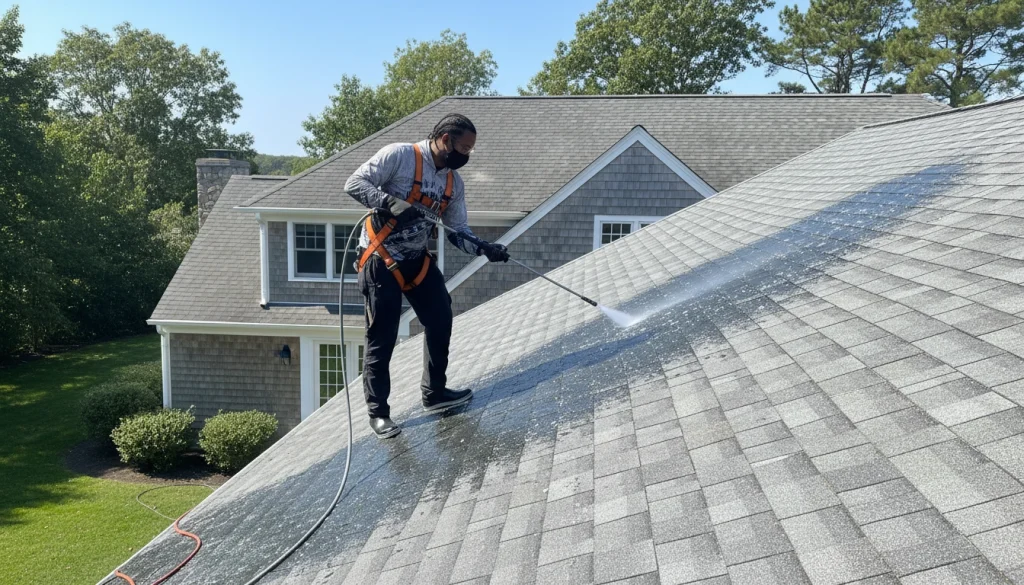 A professional technician safely applying a cleaning solution to a residential roof using low-pressure equipment.