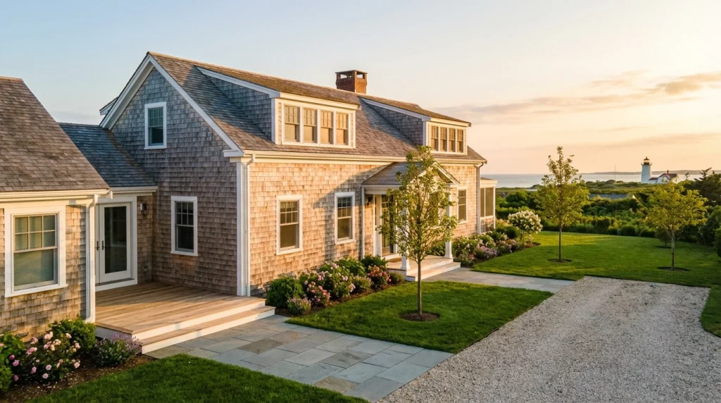 beautifully maintained Martha's Vineyard cedar-shingled property with clean driveway, fresh deck, clean stone pavers, and well-kept lawn