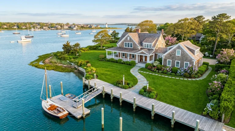 aerial view of a well-maintained Martha's Vineyard cedar-shingled coastal home with a clean dock in the foreground, clean stone pavers leading to the front door, lush green spring lawn