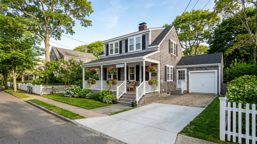 a spotless cedar-shingled Martha's Vineyard vacation rental cottage with a clean painted deck, freshly washed driveway, and hanging flower baskets, photographed from street level on a clear spring morning, warm soft light, inviting and well-maintained feel, photorealistic