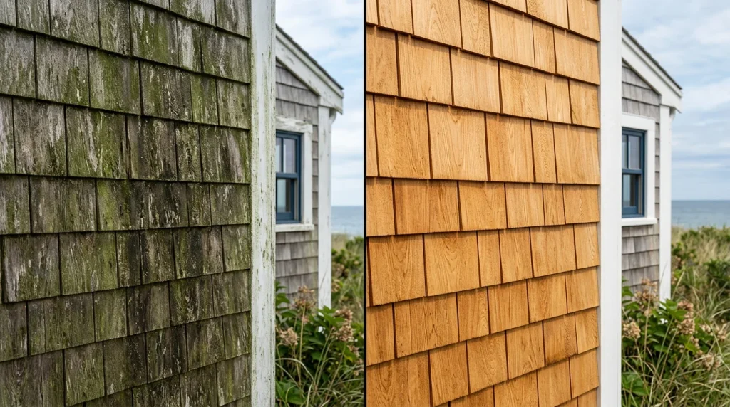 close-up split comparison showing one half of a cedar-shingled wall with green algae staining and one half freshly cleaned and bright, Martha's Vineyard coastal home, natural lighting, photorealistic, clean editorial style