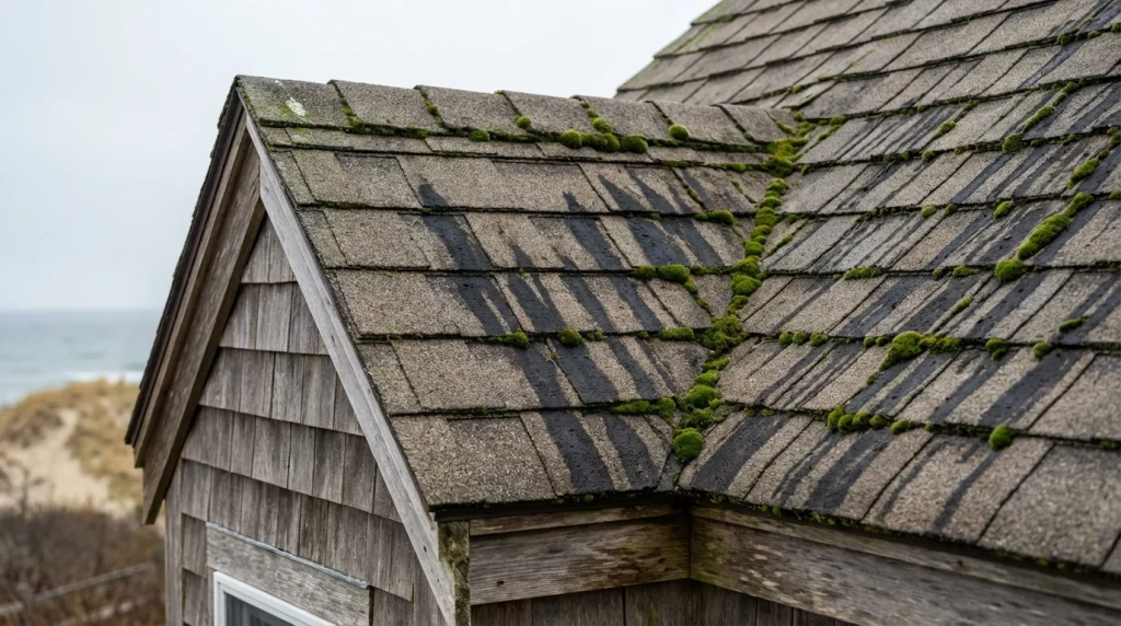 asphalt roof on a Martha's Vineyard coastal home showing black algae