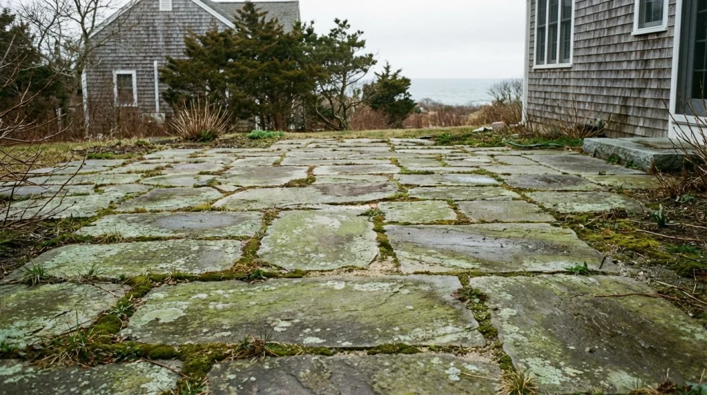 stone paver patio on a Martha's Vineyard coastal property showing green algae staining