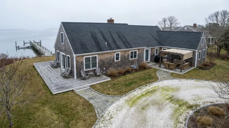 wide-angle view of a Martha's Vineyard coastal property in early spring