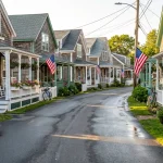 street view of Martha's Vineyard Oak Bluffs coastal town in early spring