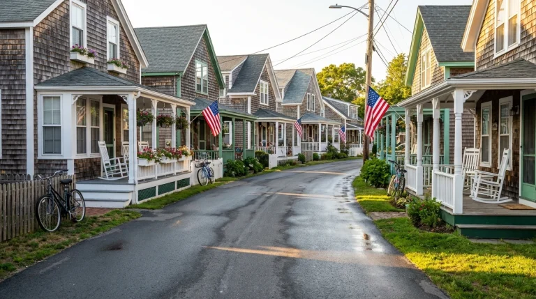 street view of Martha's Vineyard Oak Bluffs coastal town in early spring