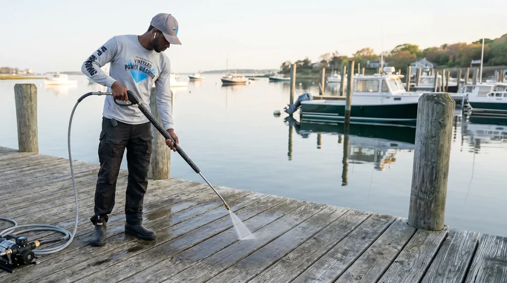 Vineyard Power Washing uniformed technician applying soft wash solution