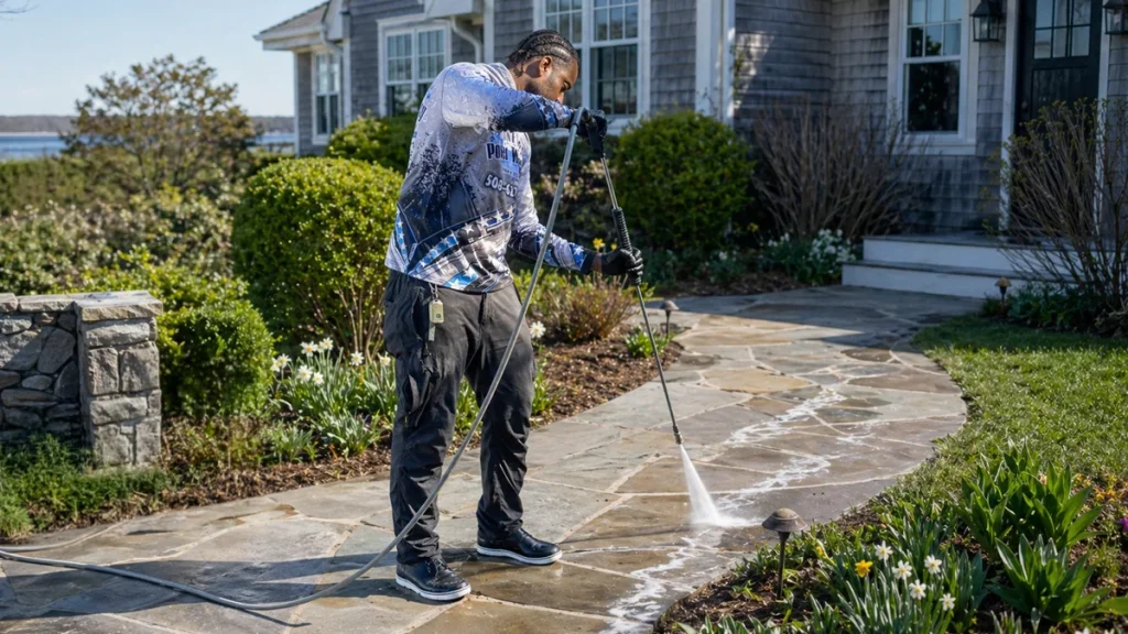 Vineyard Power Washing uniformed technician applying soft wash solution to a natural stone walkway
