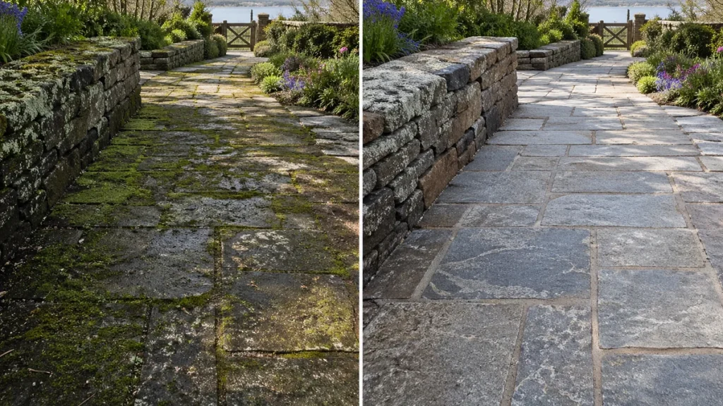 before and after split-panel comparison of a Martha's Vineyard natural stone walkway