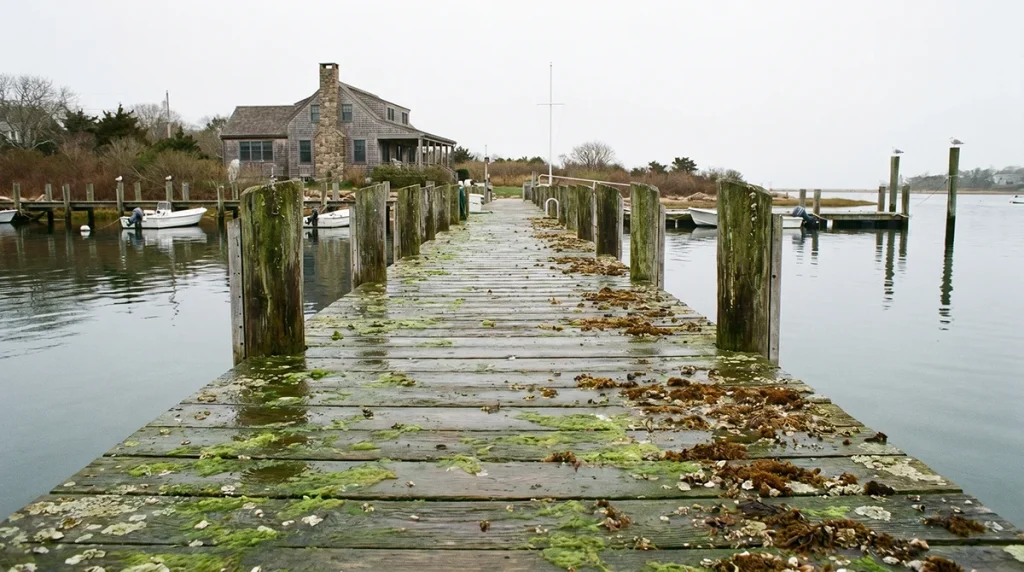 wide-angle view of a weathered wooden dock extending into a calm Martha's Vineyard harbor in early spring