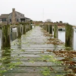 wide-angle view of a weathered wooden dock extending into a calm Martha's Vineyard harbor in early spring