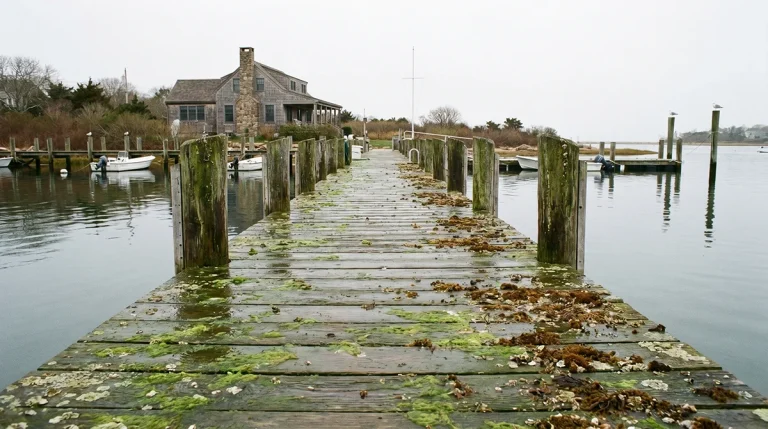 wide-angle view of a weathered wooden dock extending into a calm Martha's Vineyard harbor in early spring