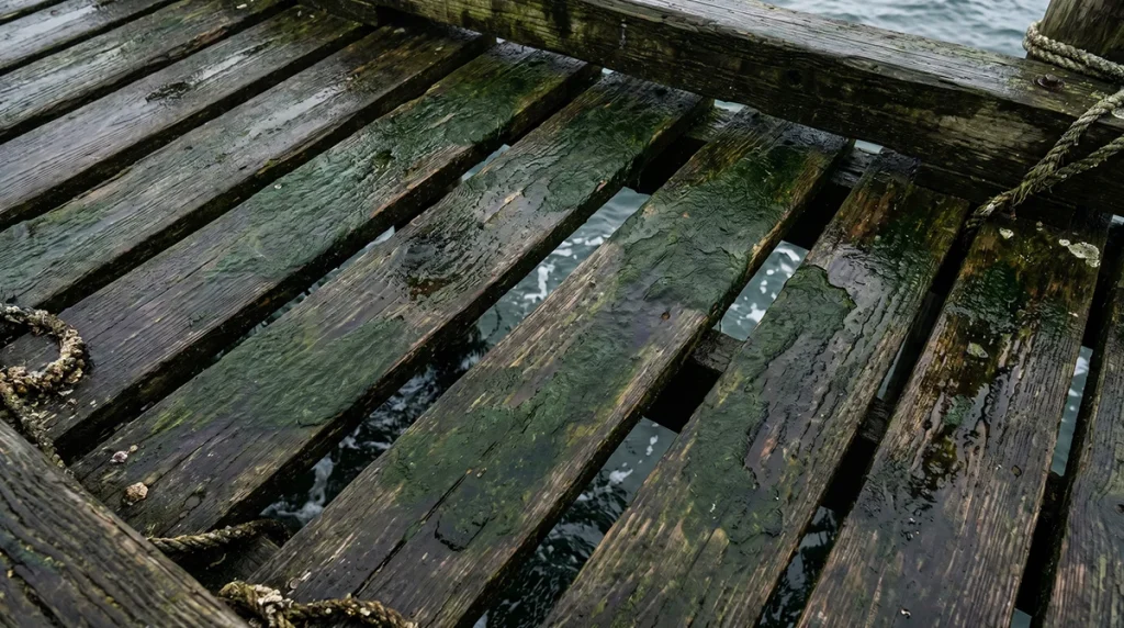 close-up of a Martha's Vineyard wooden dock surface showing heavy green algae growth and dark marine staining