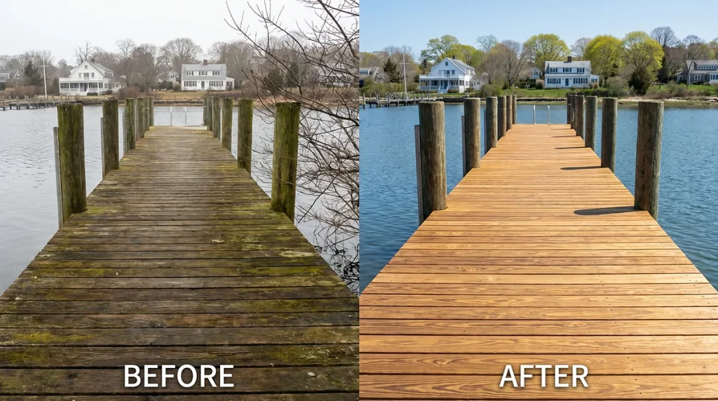 before and after split-panel comparison of a Martha's Vineyard wooden dock, left half showing dark green algae and winter tannin staining on weathered planks, right half showing the same dock clean and restored with visible wood grain