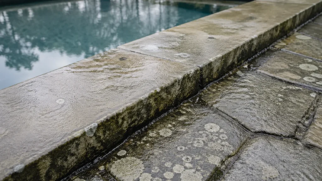 close-up of a Martha's Vineyard pool surround with natural stone coping showing dark algae growth and lichen staining between stone edges