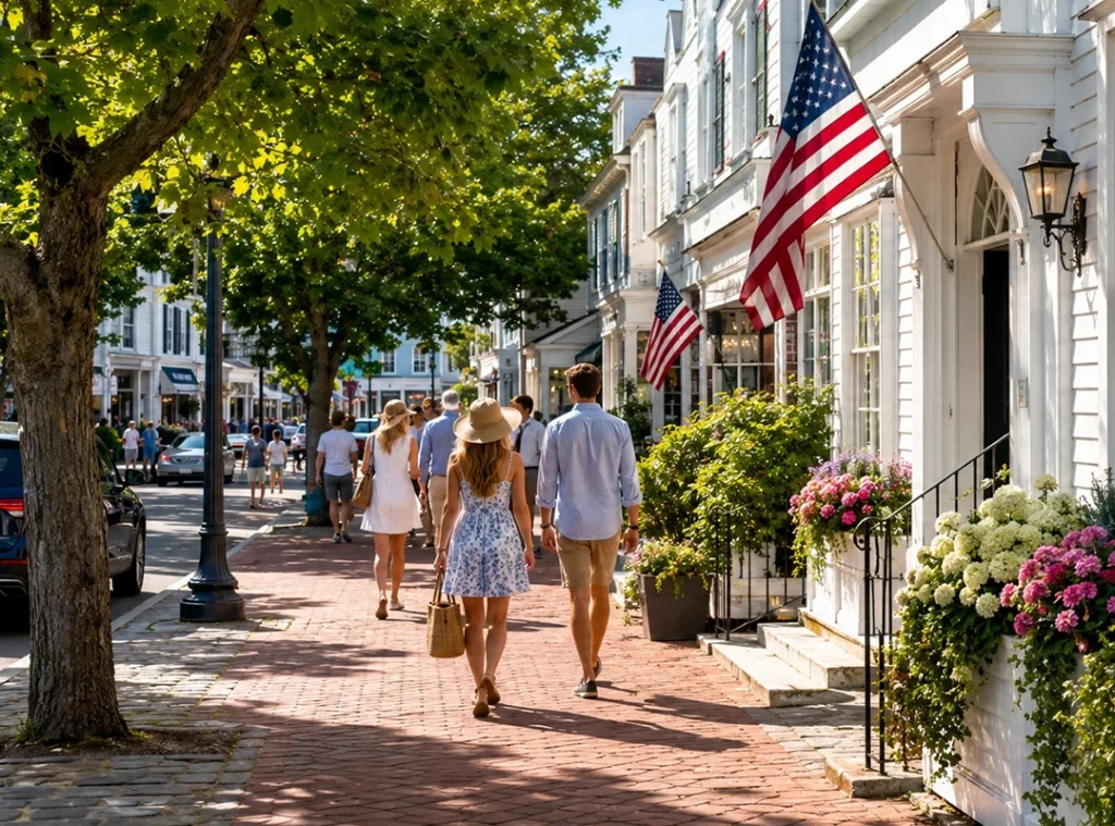 Busy summer street scene in Edgartown Martha's Vineyard with historic downtown storefronts and foot traffic