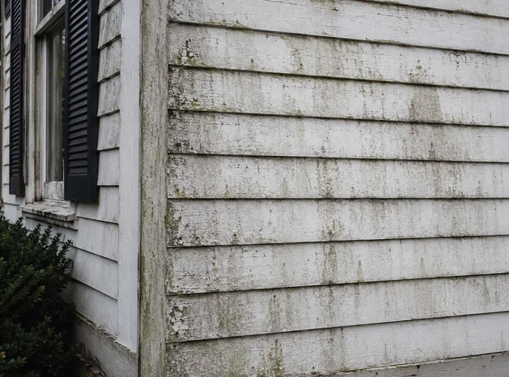 Green algae and salt haze buildup on a coastal commercial storefront exterior before professional cleaning