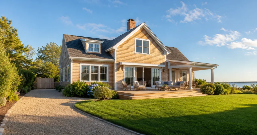 Clean cedar-shingled vacation rental exterior on Martha's Vineyard in late spring sunshine