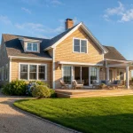 Clean cedar-shingled vacation rental exterior on Martha's Vineyard in late spring sunshine