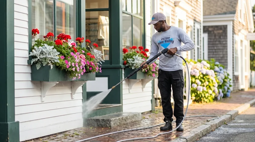 Commercial pressure washing service cleaning a historic Edgartown Martha's Vineyard storefront facade