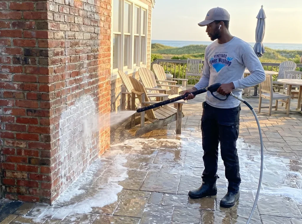 Soft wash cleaning system applied to brick facade and patio pavers at a Martha's Vineyard restaurant