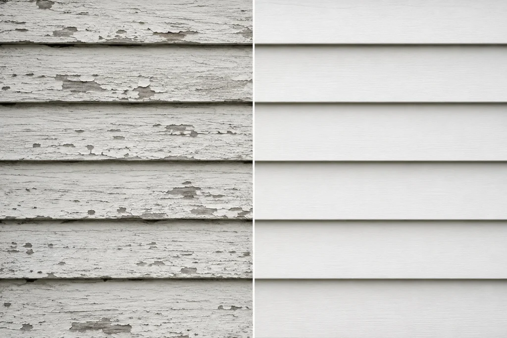 Before and after comparison of damaged versus soft-washed clapboard siding