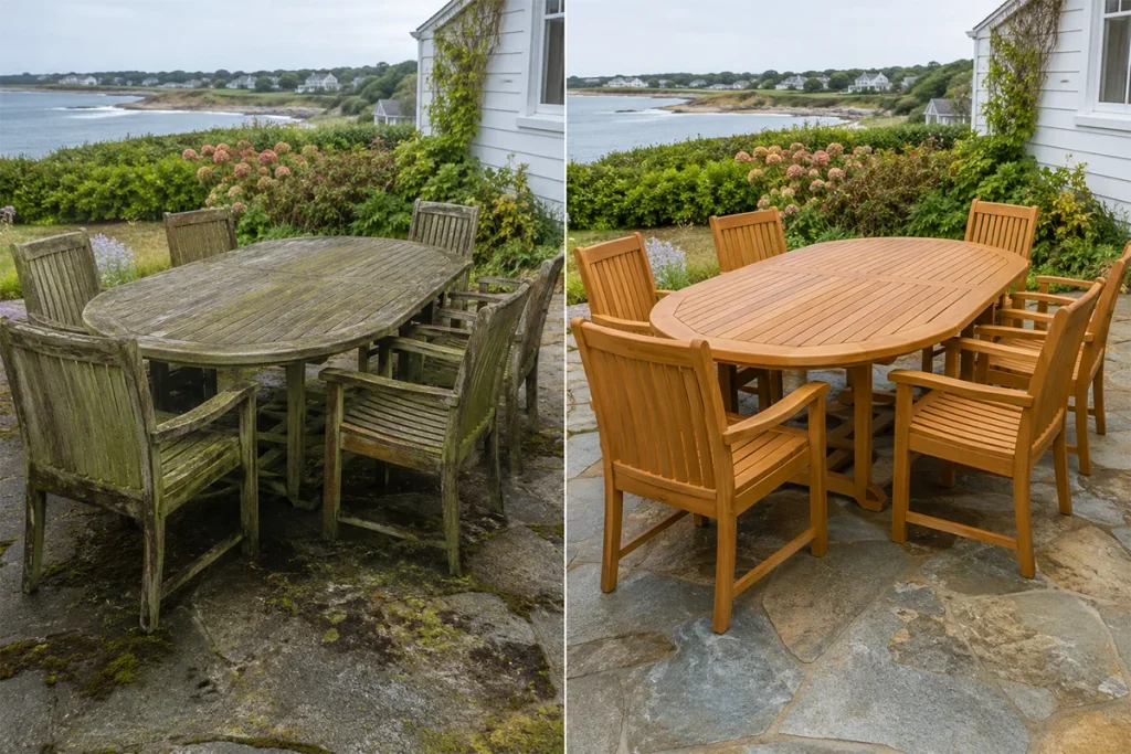 Before and after outdoor furniture cleaning comparison on Martha's Vineyard coastal property