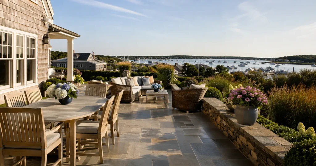 Outdoor furniture cleaning on Martha's Vineyard coastal patio teak and wicker chairs