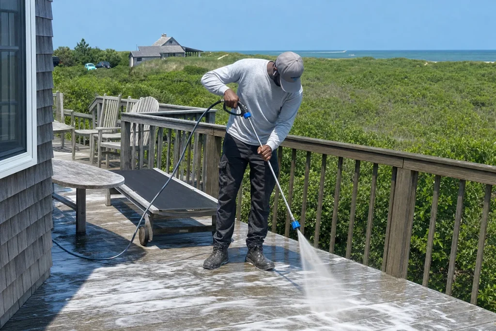 Professional soft wash technician cleaning a vacation rental deck on Martha's Vineyard