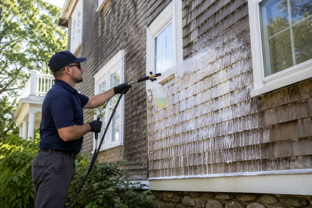 Technician applying soft wash solution to historic home exterior
