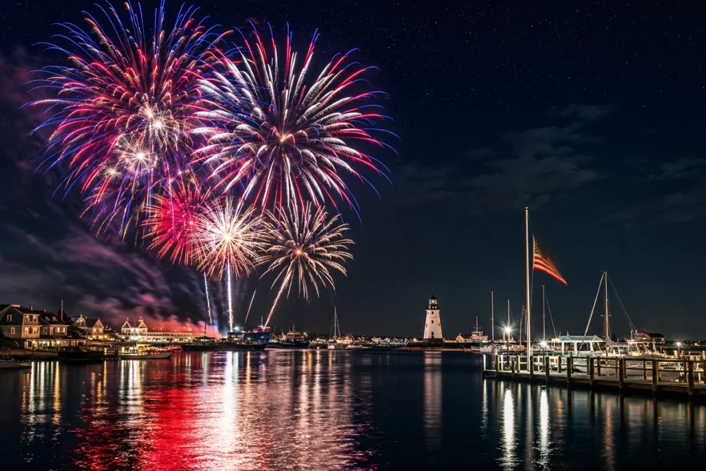 Edgartown Harbor fireworks over the water on Martha's Vineyard on July 4th