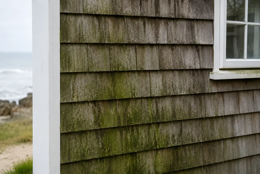 Green algae growth on cedar shingle siding of a coastal Martha's Vineyard home in summer