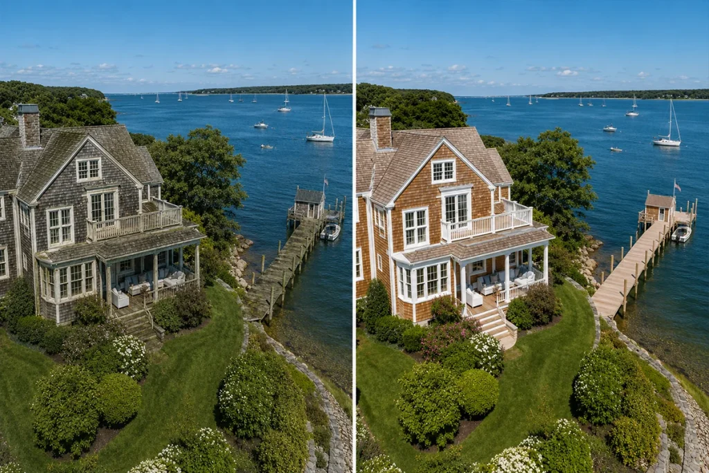 Before and after waterfront property cleaning on Martha's Vineyard cedar shingles and dock